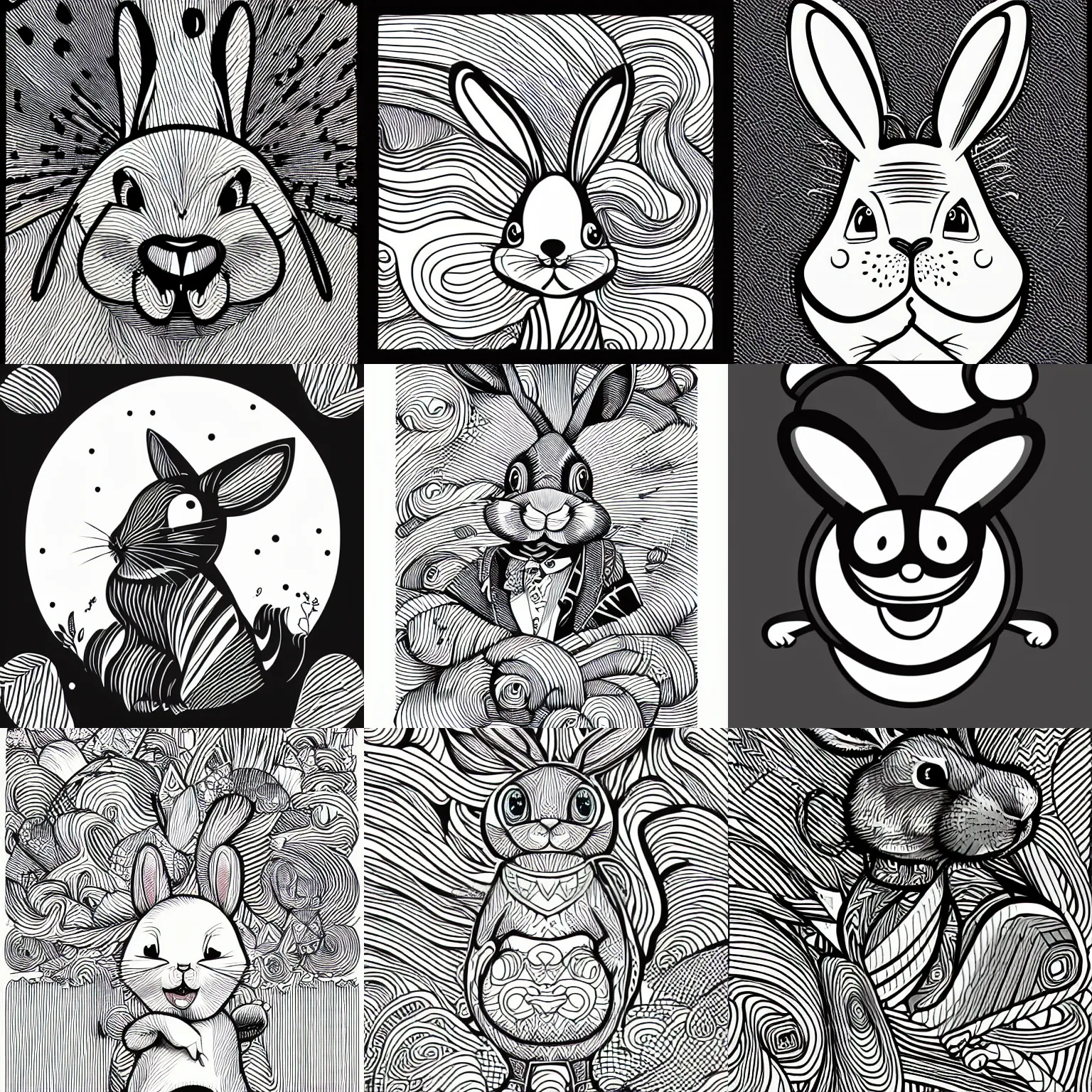 Prompt: line art crazy rabbit vector illustration, bold lines, waves, svg, mcbess, behance, devianart, artstation, dribble, creary, ello, cgsociety, drawcrowd, pixiv, concept art world, our art corner, newgrounds, doodle addicts, penup