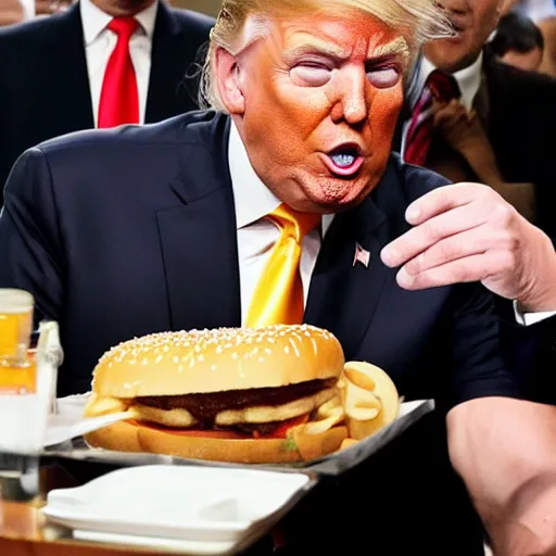 Prompt: donald trump eating a cheeseburger, paparazzi photo