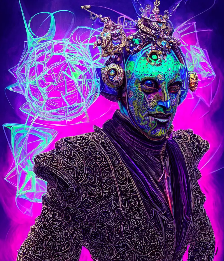 Image similar to front!!! shot of a court jester!!! character, hyperdimensional, bioluminescent hypercubes, dark holography!!!, sunset psychedelic, chrome, (((intricate))), elegant, highly detailed, centered, (((artstation, concept art, smooth, sharp focus, artgerm, Tomasz Alen Kopera, Peter Mohrbacher, donato giancola, Joseph Christian Leyendecker, WLOP, Boris Vallejo))), mugshot!!!!!, ugly!!!!!!, octane render, nvidia raytracing demo, octane render, nvidia raytracing demo, octane render, nvidia raytracing demo, grainy, muted, 8K, digitalblasphemy, metatron