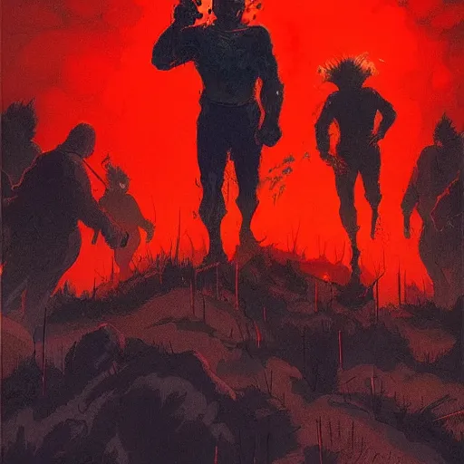 Image similar to torch wielding mob walking up a hill at night. Artwork by Frank Frazetta and dan Mumford. Horror feeling. Red and blue color scheme