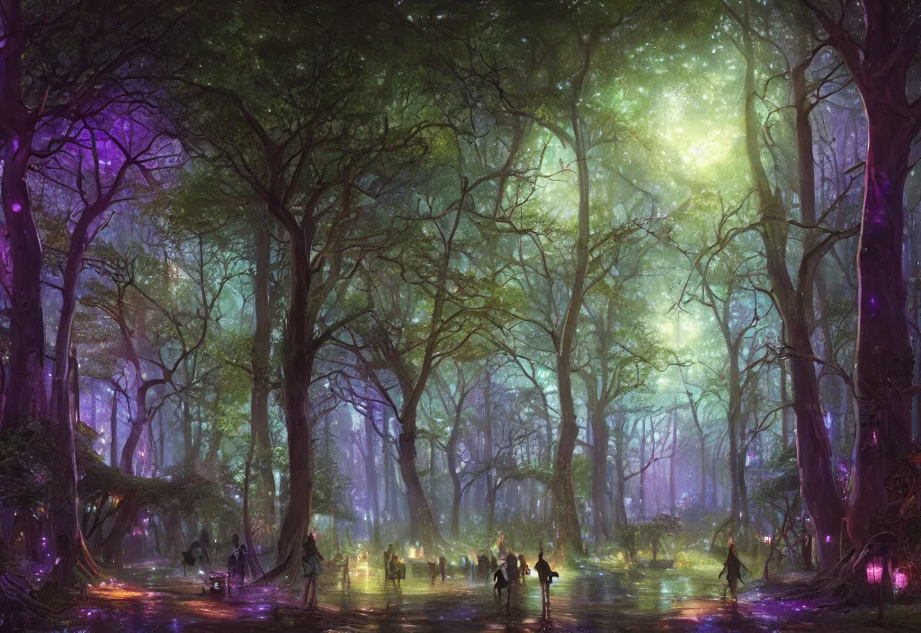 Prompt: Lothlorien at night, very dark with green lights, blue lights and purple lights, elven forest town with houses up in the trees, oil painting, very detailed, dramatic lighting, Jakub Kasper, Makoto Shinkai, Simon Stålenhag, matte painting, hyperrealistic, cinematic, elegant, intricate