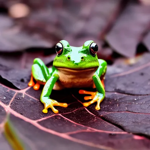 Image similar to a frog with a microphone for a head sitting on a wet leaf, nature photography, high resolution 8k, animal,