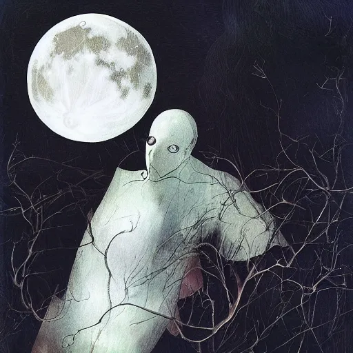 Image similar to looking at the full moon, ghost leaving the body, dave mckean