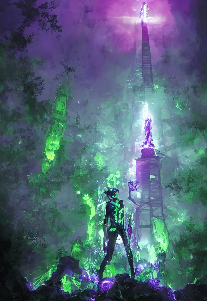 Image similar to A digital painting comic book cover of an android with glowing gloves and boots with back to the camera in a forest, looking up at a tower of crystals and geodes glowing in the fog, skeletons lay on the ground beside him, forced perspective,cinematic, stylized, purple and green