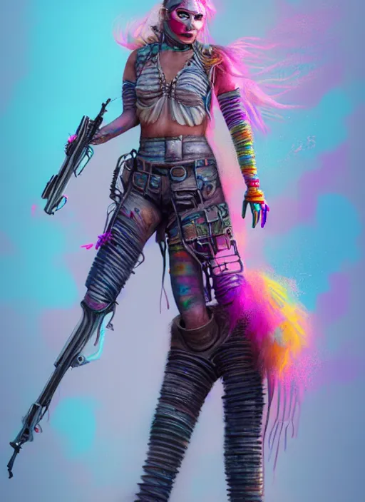 Image similar to full body concept art illustration colorful pastel painting of a female mad max in full intricate colorful clothing, beautiful face, ultra detailed, octane render, 4K, dystopian, micro details