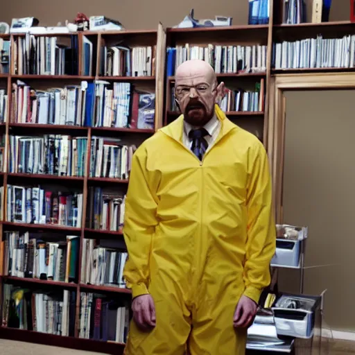 Prompt: walter white dressed as a librarian, wide angle shot