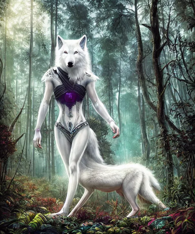 Image similar to a realistic white wolf, walking through a psychedelic forest, wide angle landscape shot, pixar style by tristan eaton, artgerm and tom bagshaw