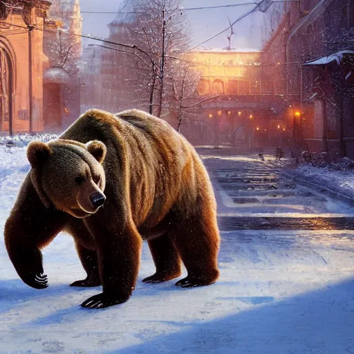 Prompt: smiling brown bear with vodka and balalaika in winter at streets of Moscow, sharp focus, fantasy style, octane render, volumetric lighting, 8k high definition, by greg rutkowski, highly detailed, trending on art Station