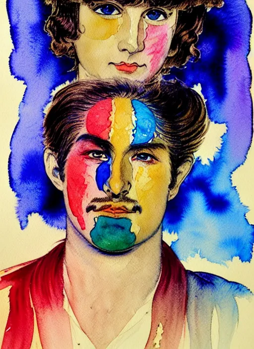 Image similar to vintage 7 0 s anime watercolor, a portrait of a man with colorful face - paint enshrouded in an impressionist watercolor, abstract representation of the meaning of life in the background by william holman hunt, art by cicley mary barker, thick impressionist watercolor brush strokes, portrait painting by daniel garber, minimalist simple pen and watercolor