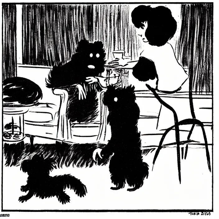 Prompt: a still frame from comic strip, person playing with a black hairy furry dog 1 9 5 0, herluf bidstrup, new yorker illustration, monochrome contrast bw, lineart, manga, tadanori yokoo, simplified,