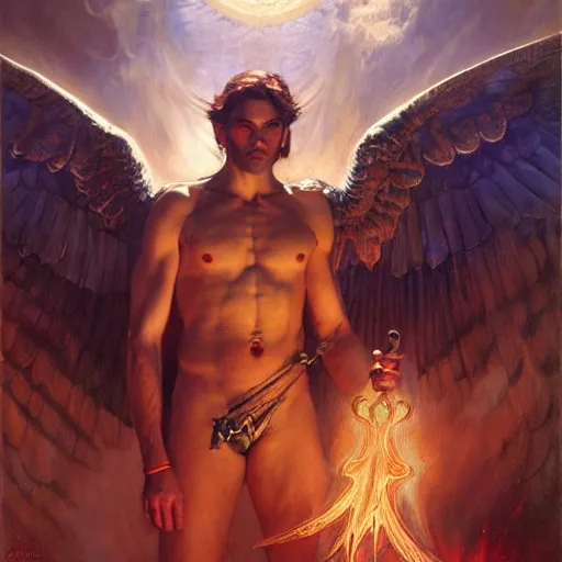 Image similar to attractive male lucifer morningstar casting a spell summoning male demons, they rise from down bellow. highly detailed painting by gaston bussiere, craig mullins, j. c. leyendecker, 8 k