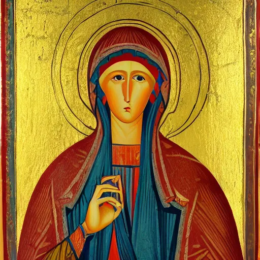 Prompt: Byzantine painting of the Virgin Mary, high quality, hughly detailed, Romanticism, vivid, coherent, medieval, Byzantine, 8k