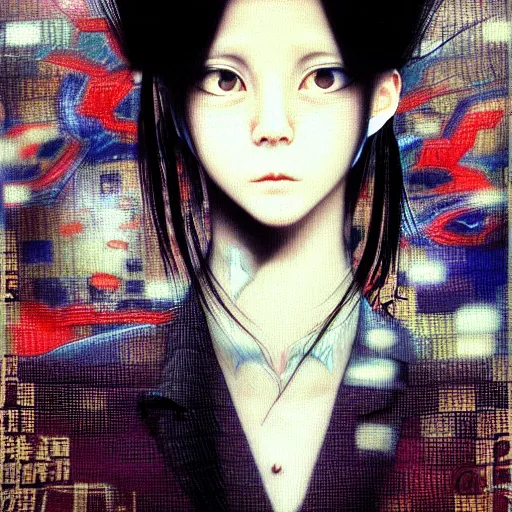 Prompt: yoshitaka amano blurred and dreamy realistic three quarter angle horror portrait of a sinister young woman with short hair, big earrings and white eyes wearing office suit with tie, vhs glitches abstract patterns in the background, satoshi kon anime, noisy film grain effect, highly detailed, renaissance oil painting, weird portrait angle, blurred lost edges