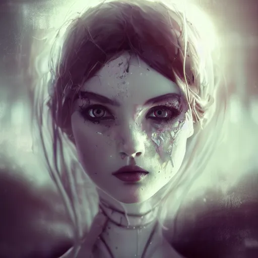 Image similar to a beautiful woman’s face shattered like a porcelaine doll, blurred dystopian city background, sad and dark atmosphere, trending on Artstation, Cgsociety, concept art