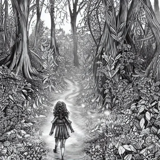 Image similar to a ultra detailed line art illustration of a red + haired + girl wandering alone in a mysterious forest, by thomke meyer and julia plath, intricate, fantasy, hyperdetailed