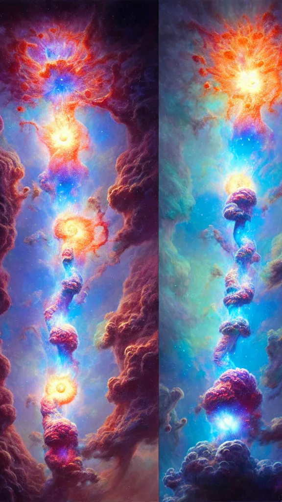 Image similar to psychedelic transcendent puffs! of smoke explosion, space, supernova, nebulae, pillars of creation, enlightenment, high contrast lighting, highly detailed, concept art, art by collier, albert aublet, krenz cushart, artem demura, alphonse mucha