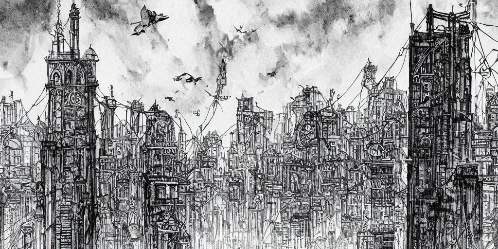 Prompt: pen and ink illustration, city buildings on top of tall structure, over the ocean, tall arches, sky high, buildings in the clouds, fading off to the horizon, steam punk, artstation