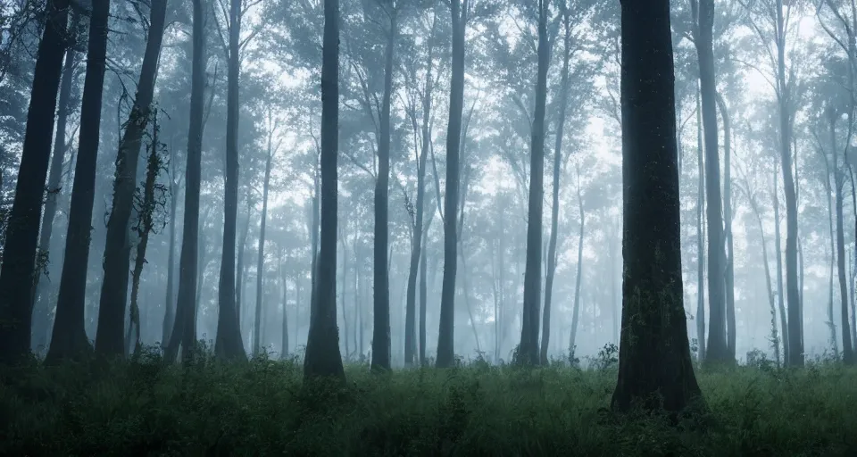 Prompt: a magical forest, thick fog, fireflies flying, big trees, epic lighting, cinematic 4K