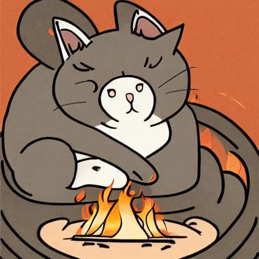 Image similar to Cat lying by the fire, anime, Kawaii, mcbess
