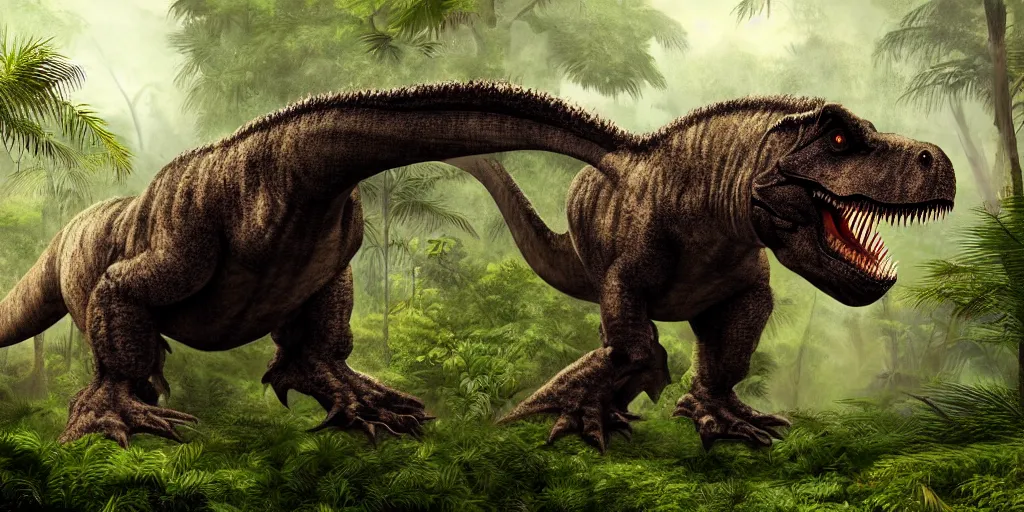 Prompt: photo realism, fluffy tyrannosaurus rex, jungle background, 4 k, detailed