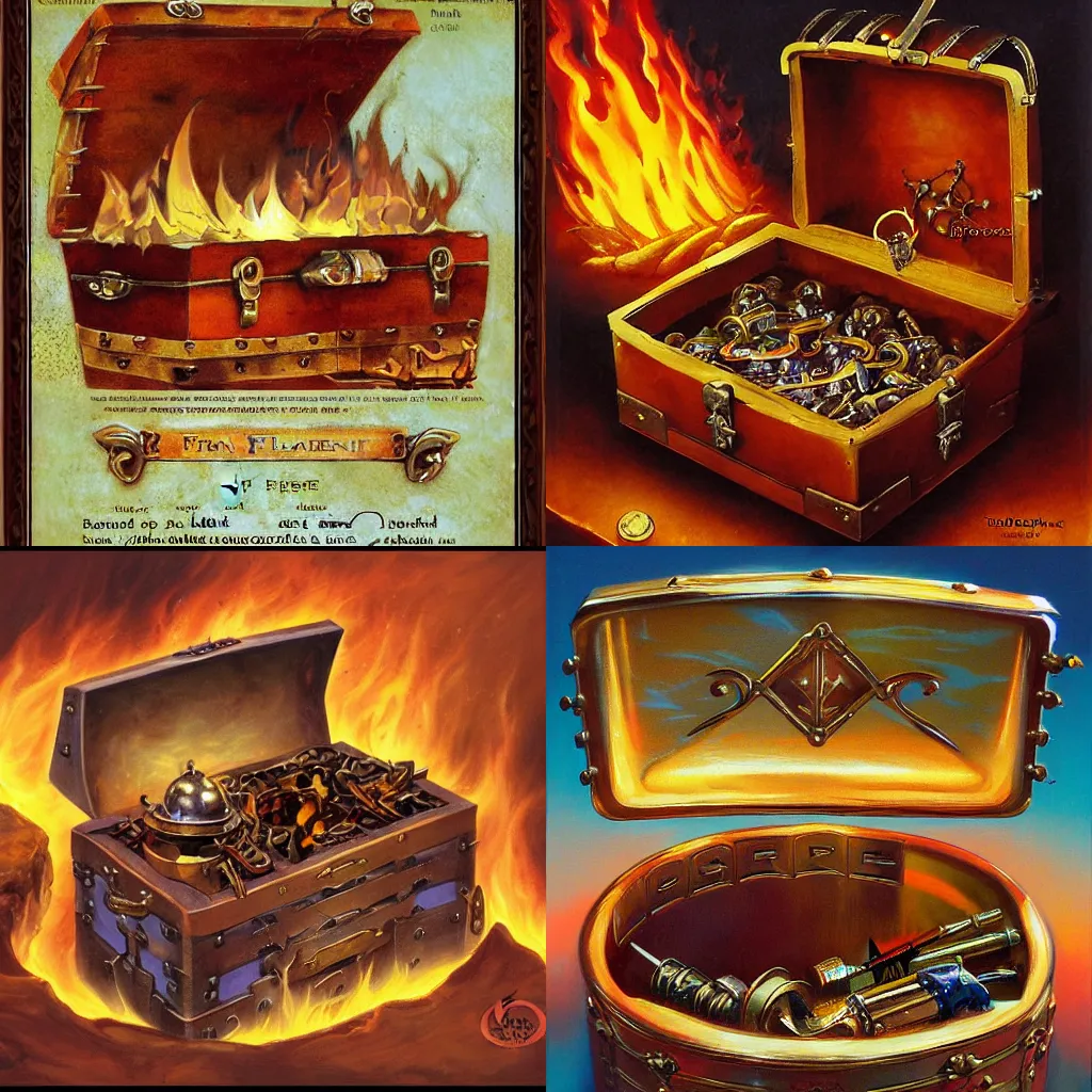 Prompt: Treasure chest of flame element by Berkey John