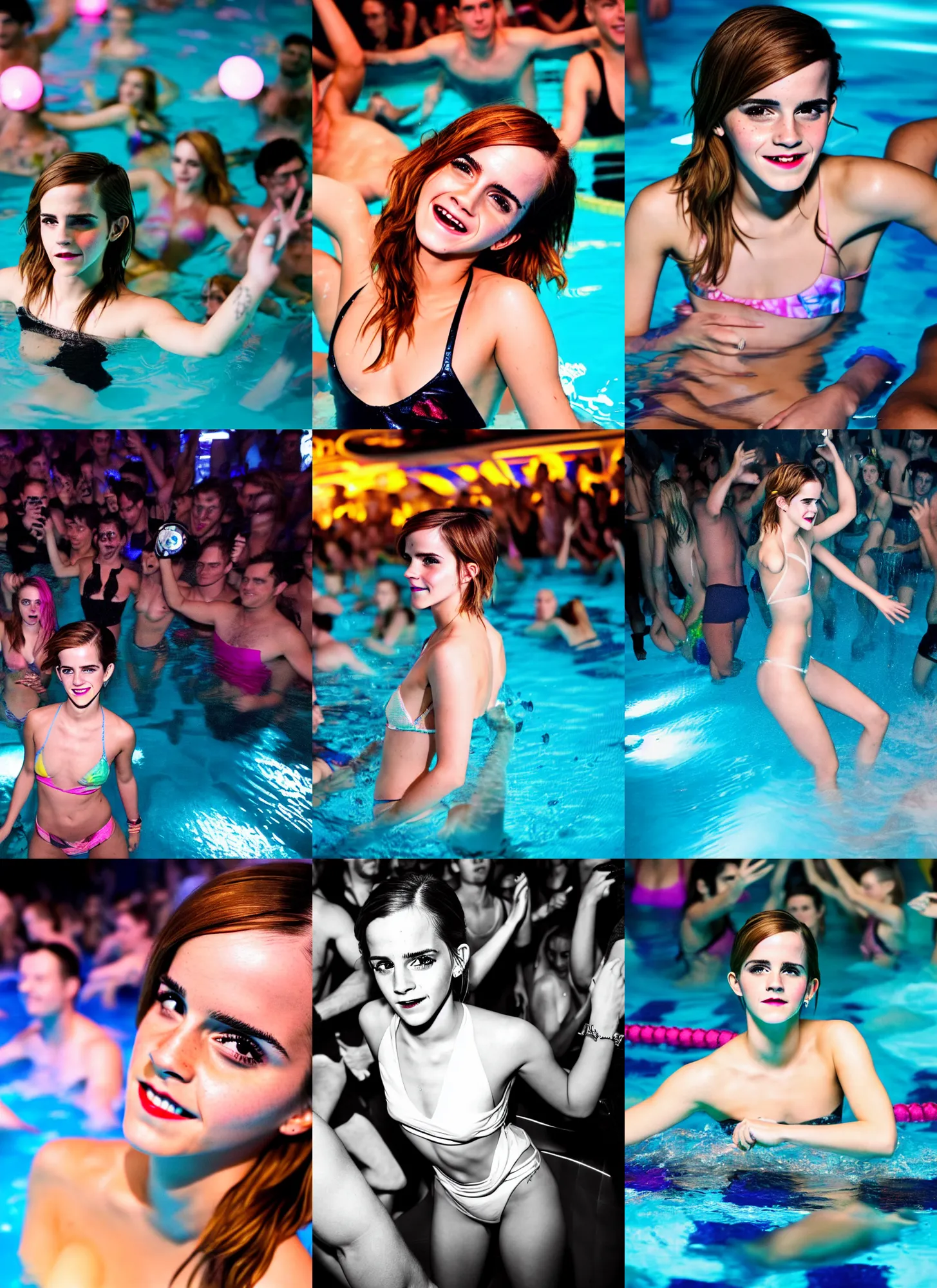 Prompt: medium shot photo of emma watson super drunk having fun being the center of attention in a pool party in a crowded modern indoors pool with cyberpunk illumination at night. sensual photo. 8 k, raw, unedited, symmetrical balance, in - frame. photorealistic