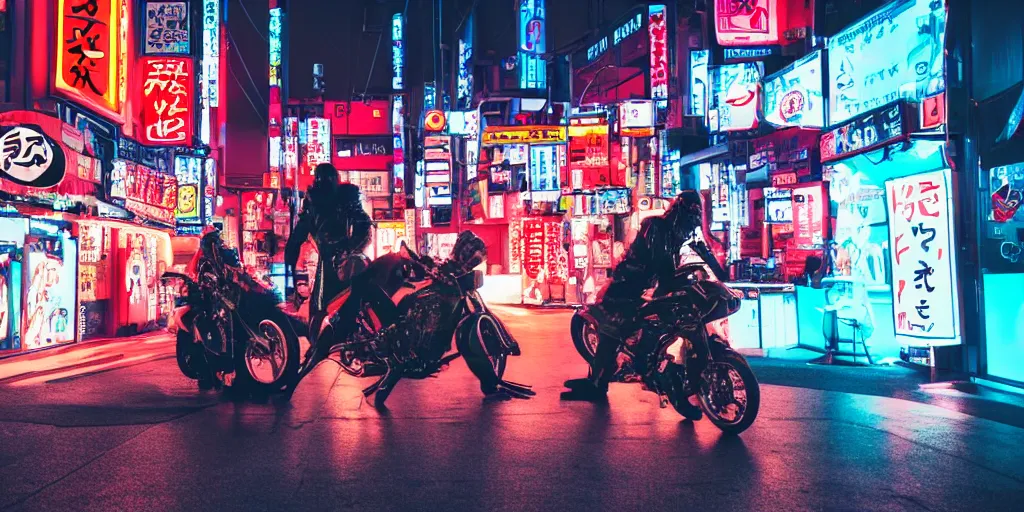 Prompt: Epic Battle Between a Squid Karate God and a Menacing prawn biker in a leather jacket, tokyo skyline, sunset, neon vibe, cyberpunk lighting, cinematic lighting, anamorphic lens, dramatic shadows,