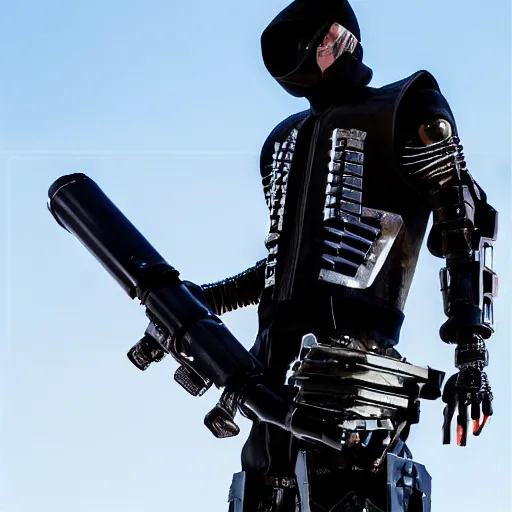 Prompt: eminem wearing a futuristic armored mask with large a large video screen image of eminem where his face should be, and he is wearing black leather exoskeleton mechanical body armor. a mini - gun is attached to the end of a robot arm that mounted on his shoulder - h 6 4 0