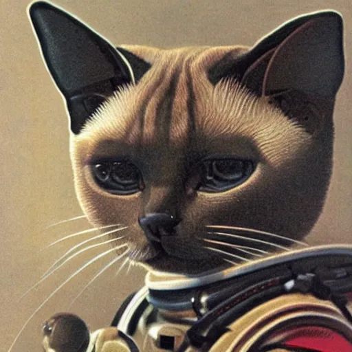 Prompt: detailed portrait of a siamese cat in steampunk astronaut suit, by moebius