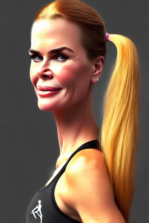Image similar to portrait of a mix of beautiful young maria shriver, mariel hemmingway, brooke shields, nicole kidman and elle macpherson as an exercise gym girl, thin lips, hair tied up in a pony tail, colorful artstation, cgsociety