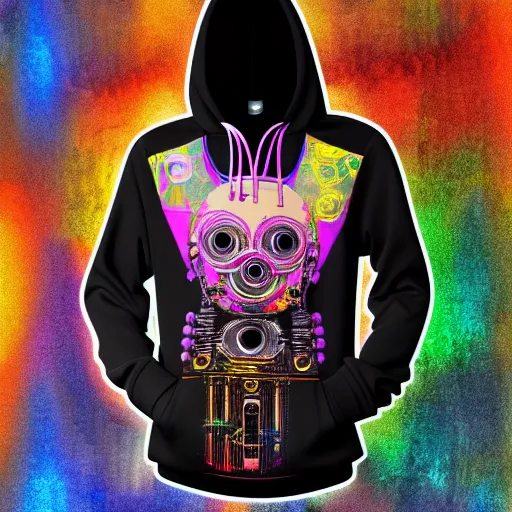 Prompt: mockup of a black hoodie with a hyperdetailed portrait of a steampunk robot on lsd, 8 k, symetrical, flourescent colors, trippy mood, multicolored,