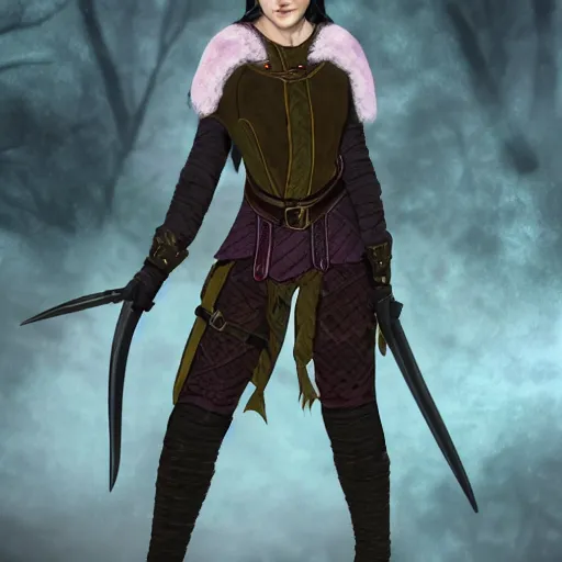 Prompt: anya charlota as a medieval fantasy tolkien elf, dark purplish hair tucked behind ears, wearing leather with a fur lined collar, wide, muscular build, scar across the nose, one black, scaled arm, cinematic, character art, real life, 8 k, detailed.