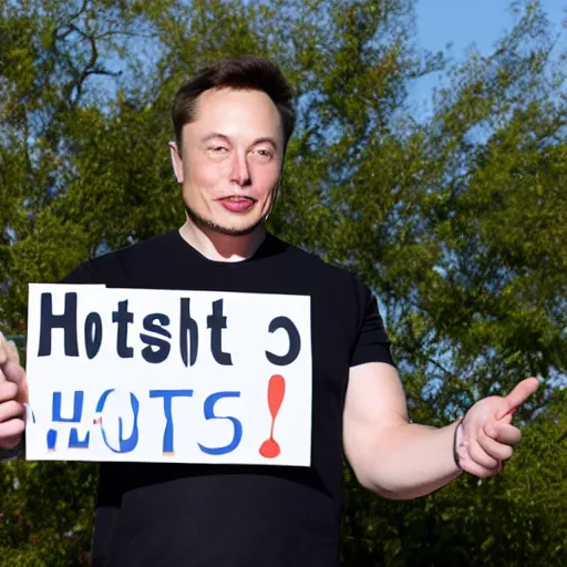 Prompt: Elon Musk holding a sign saying Free Hotdogs, highly detailed, high quality, HD, 4k, 8k, Canon 300mm, professional photographer, 40mp, lifelike, top-rated, award winning, realistic, sharp, no blur, edited, corrected, trending