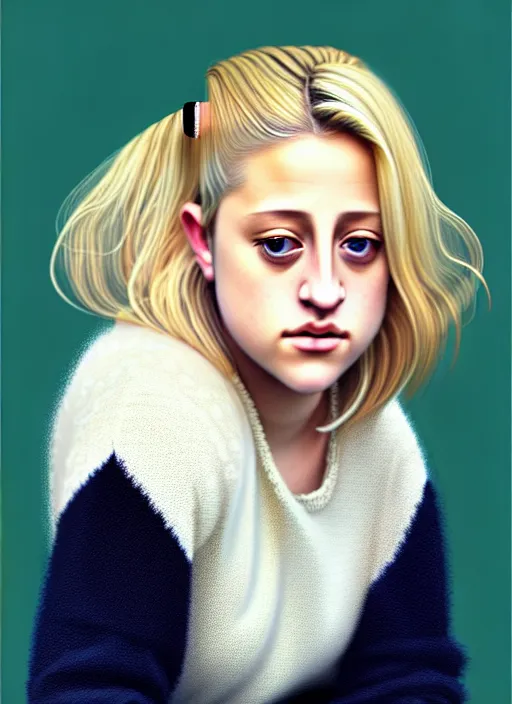 Image similar to full body portrait, teenage lili reinhart, blonde hair, obese, bangs, ponytail, sultry, realistic, sweater, fluffy bangs, fully clothed, curly bangs, fat, belly, intricate, elegant, highly detailed, digital painting, artstation, concept art, smooth, sharp focus, illustration, art by wlop, mars ravelo and greg rutkowski