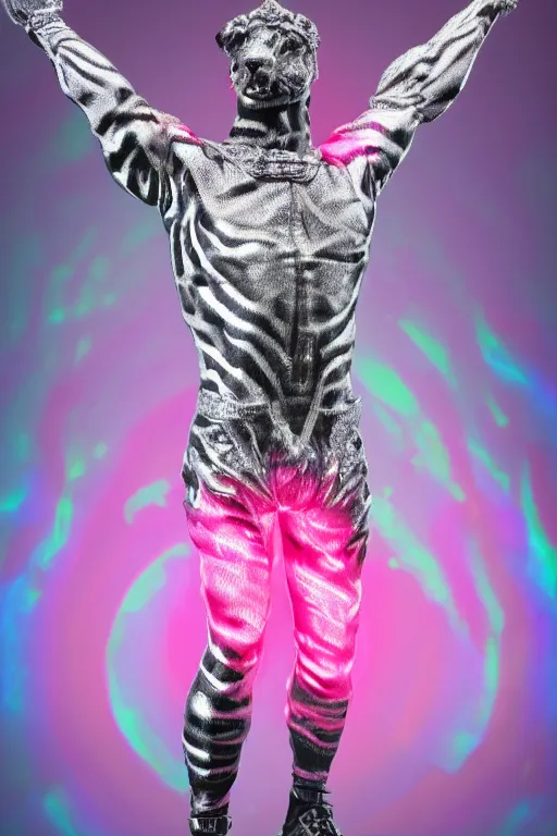 Prompt: hyper detailed ultra sharp fullbody photo of baroque and cyberpunk reflective pink ceramic sculpture of a muscular seductive young spanish piero mendez feeling highly aroused bem dotado, iridescent humanoid deity wearing black and white striped seethrough cloak, holding a rainbow tiger gem, blue diamond, glowing pink face, crown of white diamonds, cinematic lighting, photorealistic, octane render 8 k