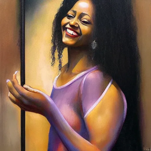 Image similar to beautiful black woman smiling at her reflection in a mirror, dorina costras