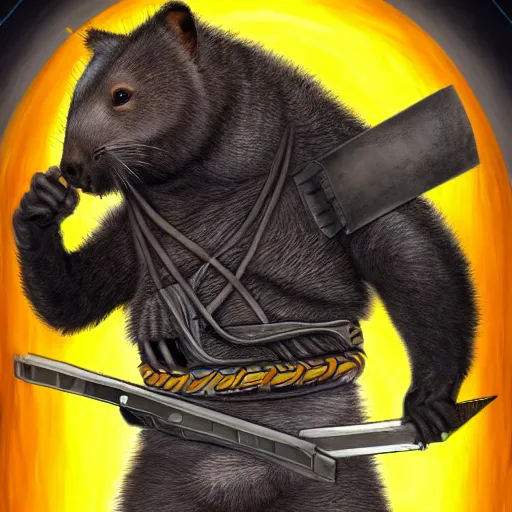 Image similar to wombat in cybernetic ninja gear wielding a samurai sword, realistic, cyberpunk, gritty, digital art, 4 k