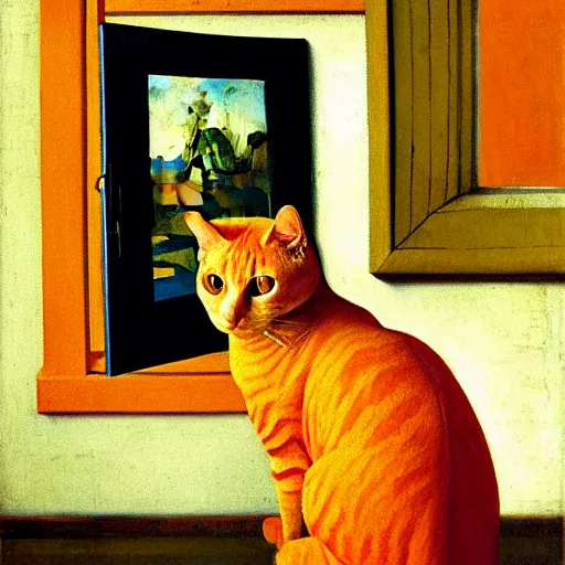 Image similar to a painting of an orange cat staring profoundly into the window, a detailed painting by johannes vermeer, behance, american scene painting, dutch golden age, detailed painting, academic art