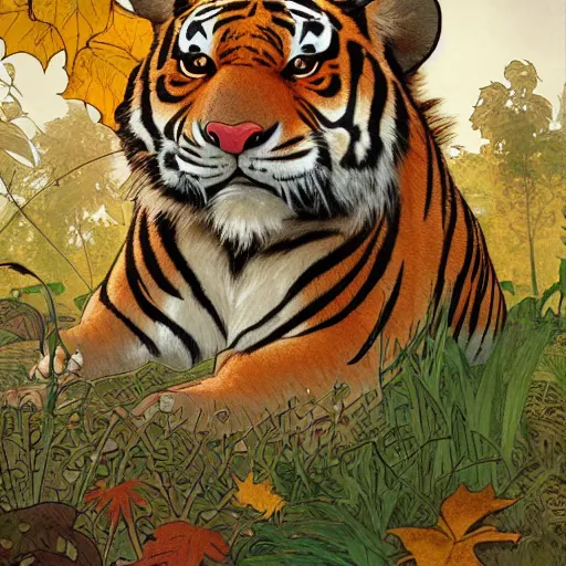 Image similar to a highly detailed portrait of cartoon tiger, sweating and fanning, autumn leaves on the ground, concise lines, ultradetailed environment, sharp focus, cinematic lighting, character art, 8 k, by alphonse maria mucha and kim jung gi