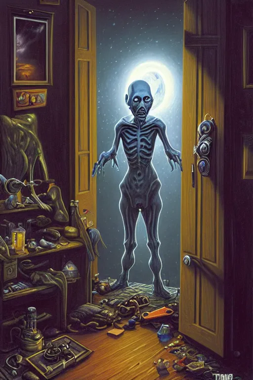 Prompt: classic oil painting, a gray alien with big black eyes opening the door, as a dnd character, inside a cluttered bedroom at night, cottagecore, highly detailed, digital illustration, concept art, smooth, sharp focus, art by tim hildebrandt, and alex grey