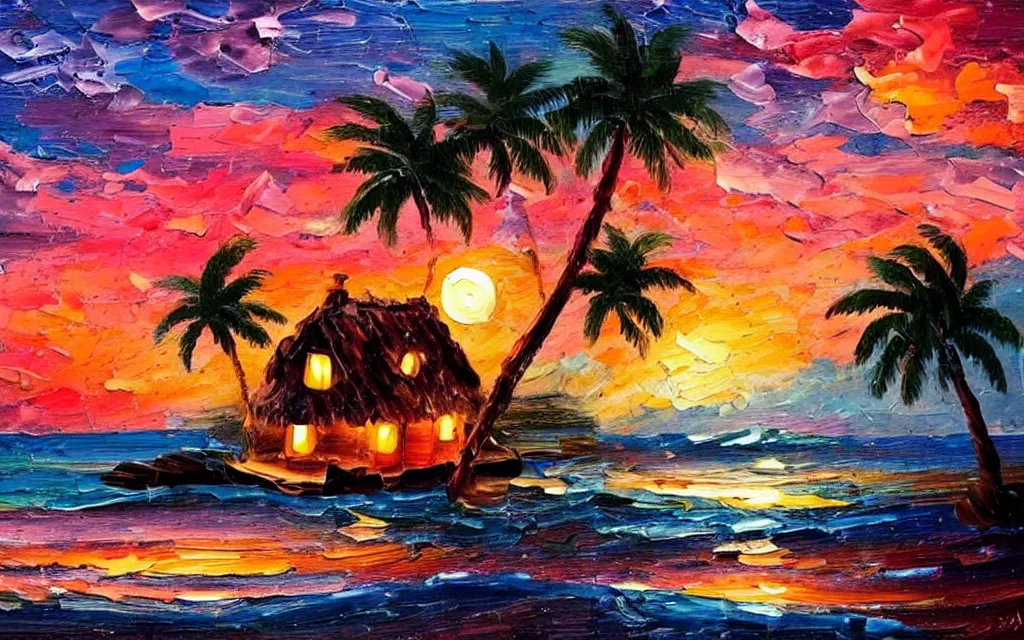 Image similar to a very very small island! cute cozy cottage!! and lanterns!!!, chairs, fireplace, palm trees, dark very late evening cloudy sunset, dramatic and dynamic lighting, thick brush strokes oil impasto painting