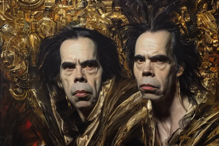 Prompt: a portrait of nick cave, masterpiece, dramatic lighting, painting by caravaggio and ruan jia and daytoner and jakub rebelka and szukalski