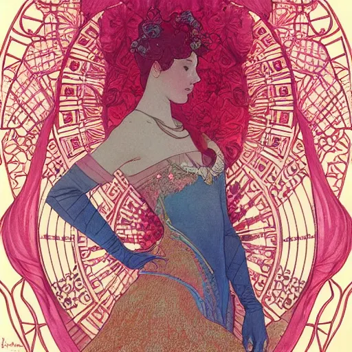 Image similar to a beautiful intricate watercolor illustration of a dancing princess in a coral outfit, 4 k, ultra - wide angle, by william turner, by victo ngai, by alphonse mucha, by moebius, by gustave dore, hd, trending on artstation, hyper detailed, muted intense colors