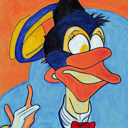 Image similar to portrait of Donald Duck in style of Egon Schiele, illustration, masterpiece, realism, piercing gaze