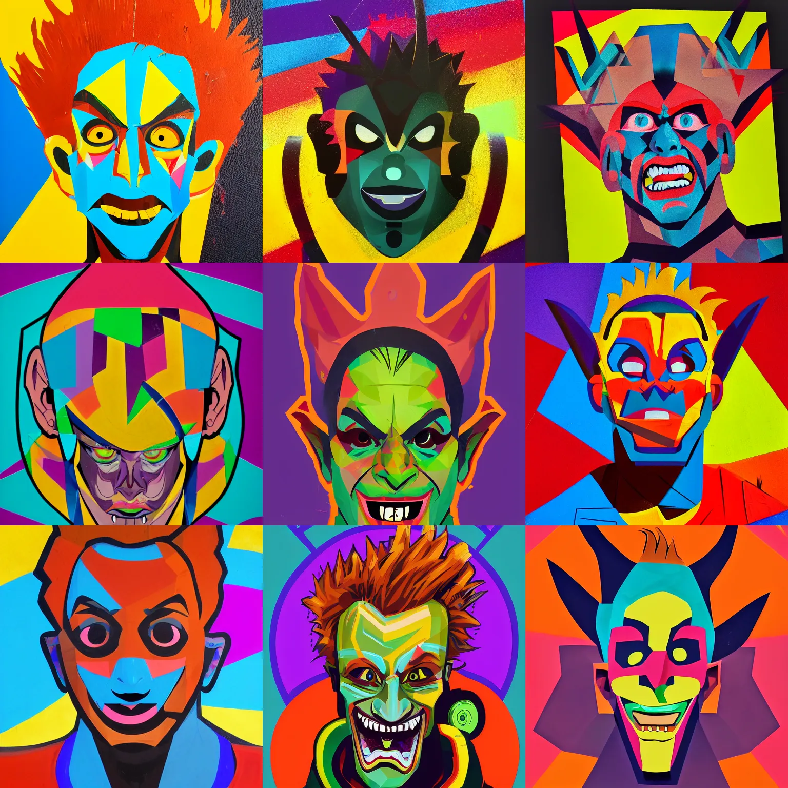 Prompt: A portrait of Junkrat, geometric shapes, vibrant colors, spray paint, rounded corners, rounded edges
