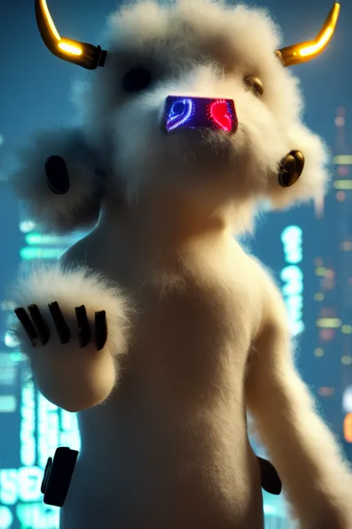 Image similar to high quality 3 d render very cute fluffy! cyborg cow! plays guitar, cyberpunk highly detailed, unreal engine cinematic smooth, in the style of blade runner & detective pikachu, hannah yata charlie immer, moody light, low angle, uhd 8 k, sharp focus