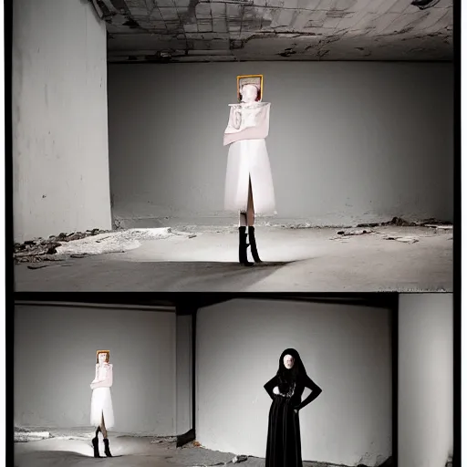 Image similar to medium format photograph of a surreal fashion shoot in an abandoned building, camera flash