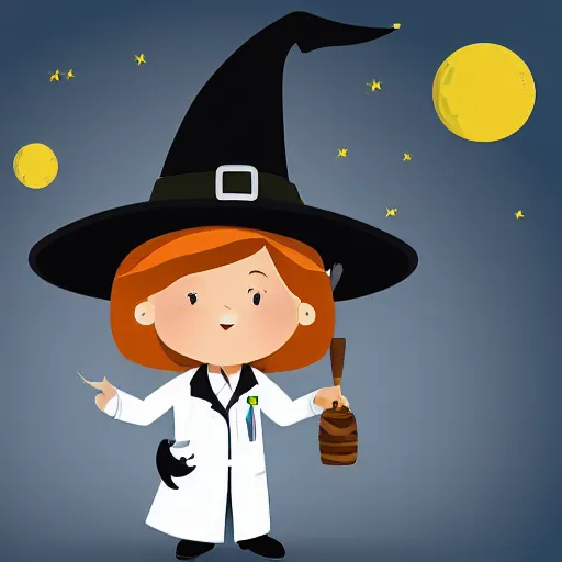 Prompt: witch in labcoat flying on broom