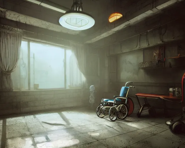 Image similar to artstation scifi scene of an old chinese ward, a bouquet of light on the ground business card, ceiling fan, wheelchair, crutches, beds, dust, paneled walls, unreal engine 5, hyper realism, realistic shading, cinematic composition, blender render, octane render, hdr, detailed textures, photorealistic, wide shot