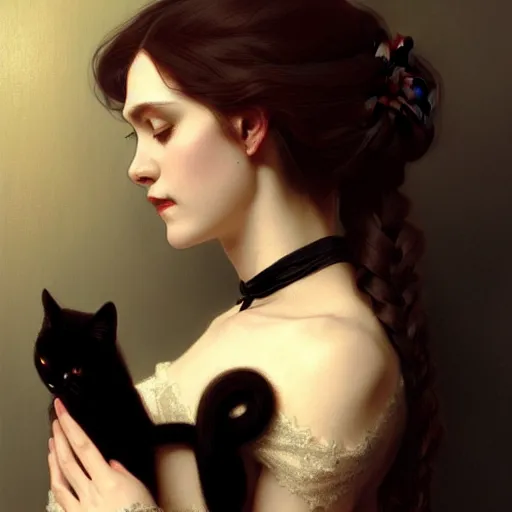 Prompt: an elegant victorian vampire holding lovingly a black cat on her arms, portrait, intricate, elegant, highly detailed, digital painting, artstation, concept art, rough, sharp focus, illustration, art by artgerm and greg rutkowski and alphonse mucha